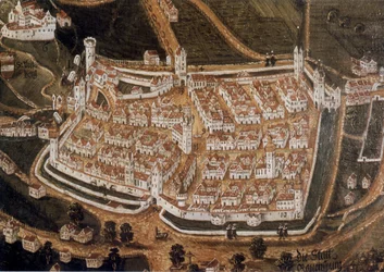 Uitzicht op het klooster Weißenau en de rijksstad Ravensburg vanuit het noorden